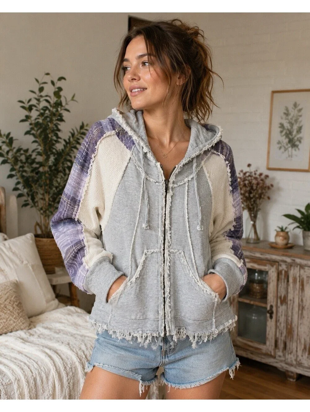 Free People Women’s Small Zip Hoodie Raw Edge Colorblock Boho Oversized